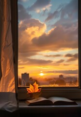 Poster - A leaf is on top of an open book in front of a window