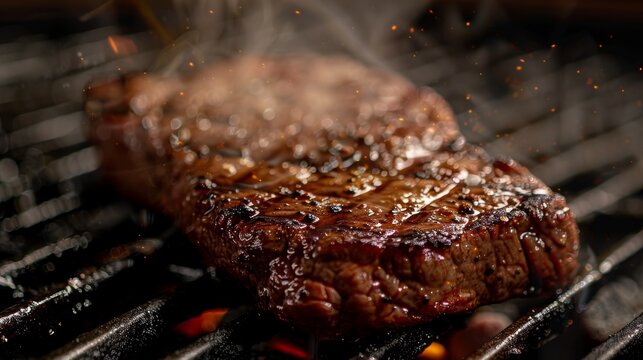 A closeup of a sizzling steak just off the grill, freshly cooked meat theme, front view, juicy and tender, technology tone, monochromatic color scheme