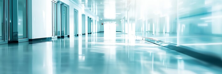 long hallway with a blue light coming through the doors