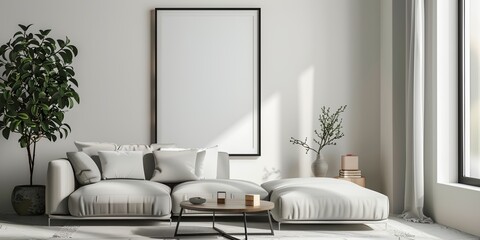 living room with a couch, table, and a plant in it with a large picture frame on the wall