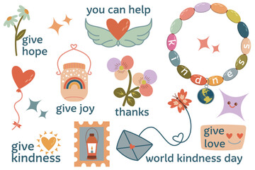 Wall Mural - A cute sticker set with kindness thanks and love. Concept of kindness, love, thanks, hope and joy. Includes phrases and illustrations.