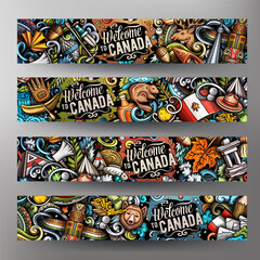 Wall Mural - Cartoon vector doodle set of Canada corporate identity templates. Funny Canadian colorful banners design