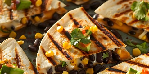 Wall Mural - Avocado cheese black beans corn salsa in grilled crispy quesadillas. Concept Recipes, Mexican Cuisine, Quesadillas, Avocado, Cheese