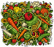 © balabolka - Vegetables cartoon vector doodles illustration. Nature food elements and objects background. Bright colors funny veggies picture