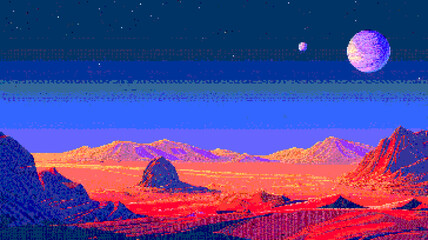 Pixel art of the surface of Mars with two moons