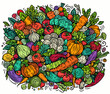 © balabolka - Vegetables cartoon vector doodles illustration. Nature food elements and objects background. Bright colors funny veggies picture