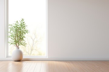 Wall Mural - 3D Rendering of Minimalist Modern Interior with White Wall, Plant, and Wooden Floor