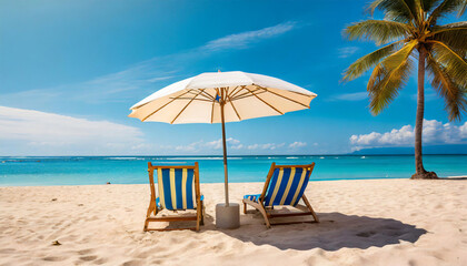 Wall Mural - two beach chairs and an umbrella on the beach