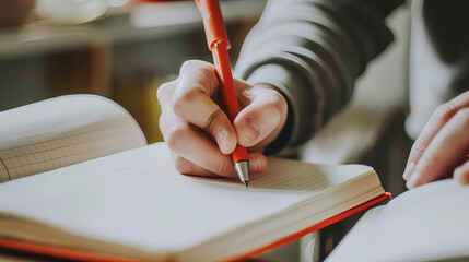 Close-up of a person's hand writing with a pen on a sheet of paper, capturing the focus and precision of the moment.