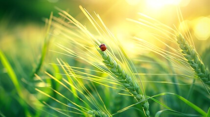 green wheat in a summer field with a ladybug, fresh, natural
