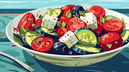 Wall Mural - Illustration of Fresh Greek Salad with Tomatoes, Cucumbers, Olives, and Feta