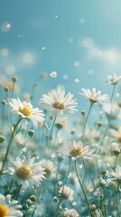 Wall Mural - AI generated illustration of the sun shining through a colorful field of daisies and wildflowers