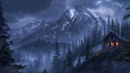 Wall Mural - A cabin nestled at the base of a snow-capped mountain, surrounded by a dense forest of tall pines