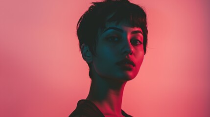 Wall Mural - A woman with short black hair poses against a pink background