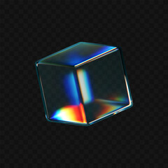 Wall Mural - 3d crystal glass cube with refraction and holographic effect isolated on dark background. Render transparent glass rotate figure with overlay dispersion light, rainbow gradient. 3d vector morphism
