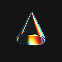 Wall Mural - 3d crystal glass cone with refraction and holographic effect isolated on dark background. Render transparent glass rotate figure with overlay dispersion light, rainbow gradient. 3d vector morphism