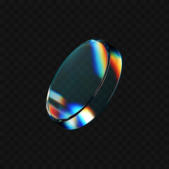 Wall Mural - 3d crystal glass disk with refraction and holographic effect isolated on dark background. Render transparent glass rotate figure with overlay dispersion light, rainbow gradient. 3d vector morphism