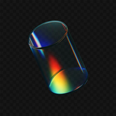 Wall Mural - 3d crystal glass cylinder with refraction and holographic effect isolated on dark background. render