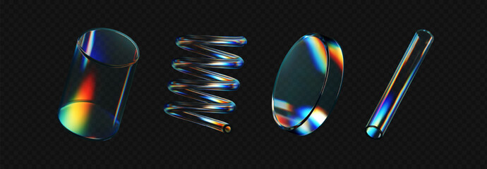 Wall Mural - 3d crystal glass shapes with refraction and holographic effect isolated on dark background. render t
