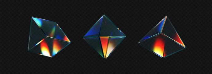 Wall Mural - 3d crystal glass shapes with refraction and holographic effect isolated on dark background. render t
