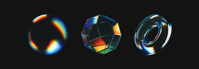 Wall Mural - 3d crystal glass shapes with refraction and holographic effect isolated on dark background. render t