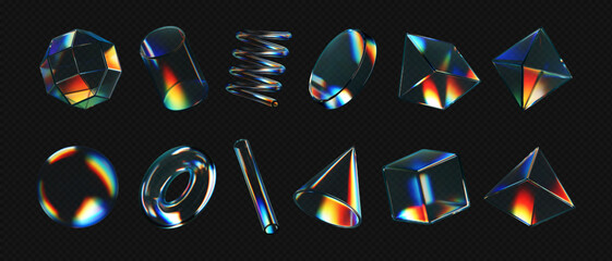 3d crystal glass shapes with refraction and holographic effect isolated on dark background. Render transparent glass rotate figure with overlay dispersion light, rainbow gradient. 3d vector morphism