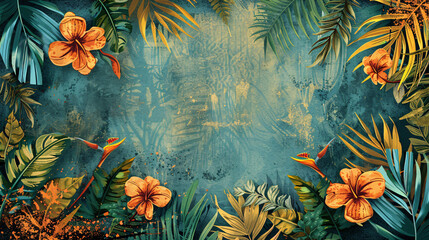 Wall Mural - Hand-drawn grunge style border embroidery with tropical motifs