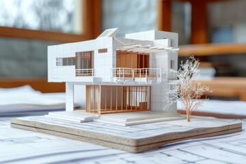 Architect drafting design plans and building model for architectural construction in home