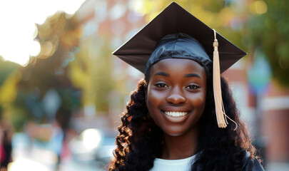 A young African woman smiling, wearing a graduation cap, celebrating her graduation. Blurred university background, outdoor setting