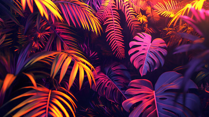 Background made of neon pink and orange tropical palm leaves