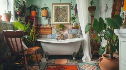 Sticker - A bohemian bathroom with colorful tiles, eclectic decor, and natural elements like plants and wooden accents. --ar 16:9 --style raw Job ID: 5b00df18-9559-4373-973b-741393ada1c8