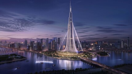 A conceptual image of the completed Dubai Creek Tower at night, illuminated and towering above the city, symbolizing architectural ambition. --ar 16:9 --style raw
