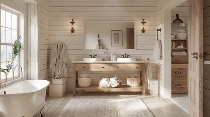 A farmhouse-inspired bathroom with shiplap walls, a rustic vanity, and vintage fixtures. The design is cozy and charming. --ar 16:9 --style raw Job ID: 9c5492e8-8881-471a-aa12-bc086d1f80f5