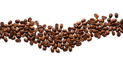 evenly roasted full coffee beans moving in a twisted curve shape horizontally on an isolated white background