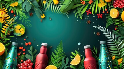 Poster - A green background with a bunch of fruits and bottles. The bottles are red and orange