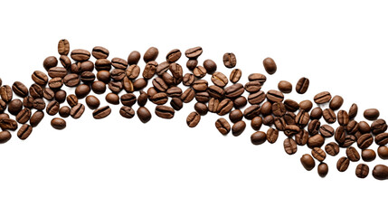 evenly roasted full coffee beans moving in a twisted curve shape horizontally on an isolated white background