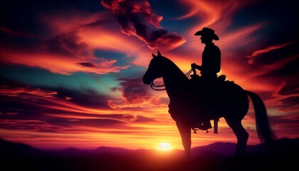 Canvas Print - Silhouette of Cowboy Riding Horse at Sunset with Dramatic Sky and Vibrant Colors in the Background