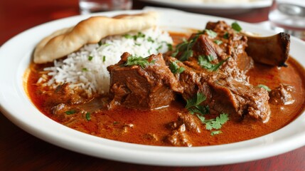 Wall Mural - A plate of food with rice and meat. The plate is full and the food looks delicious. Scene is inviting and appetizing