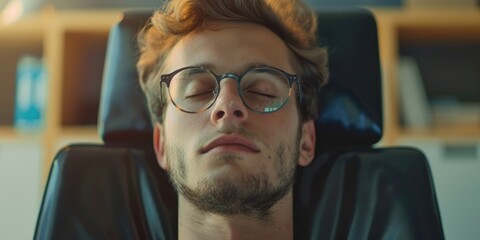 Poster - A man wearing glasses is sleeping in a chair. The chair is black and has a wooden shelf behind it