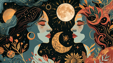 Illustration of two women facing each other with celestial elements and botanical motifs. Surreal artwork with a full moon, crescent moon, stars, and plants. Fantasy and mystical design for posters