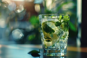Wall Mural - A glass of mint and lime drink sits on a table. The drink is clear and has a refreshing taste