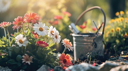 Wall Mural - A bucket full of water is sitting next to a bunch of flowers. The flowers are of different colors and sizes, and they are arranged in a way that makes them look like they are in a garden