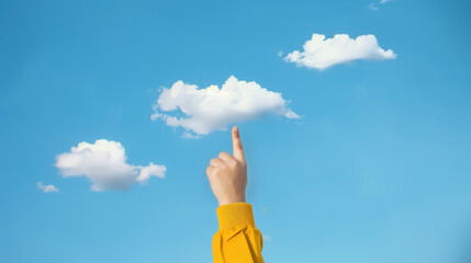 A hand pointing at a cloud in the sky. Concept of curiosity and wonder, as if the person is trying to reach out and touch the cloud