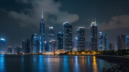 Wall Mural - Aerial view of peaceful cityscape before sunrise. Smart city and abstract dot point connect with gradient line and aesthetic Intricate wave line design , big data connection technology concept .