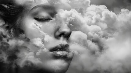 Wall Mural - A woman's face is obscured by a cloud of smoke. The image is a black and white photo of a woman's face with a cloudy sky in the background. Scene is mysterious and somewhat eerie