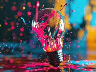 Poster - A light bulb is surrounded by colorful paint splatters, creating a vibrant and energetic atmosphere