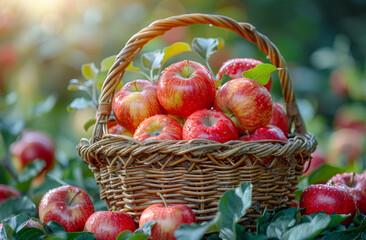 Wall Mural - Basket with red apples on the grass in the orchard