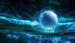 © AlexCaelus - A glowing, futuristic golf ball encased in a blue digital aura on a dark background, representing technology in sports.