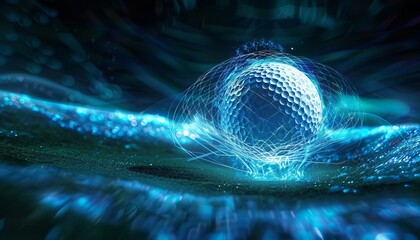 A glowing, futuristic golf ball encased in a blue digital aura on a dark background, representing technology in sports.