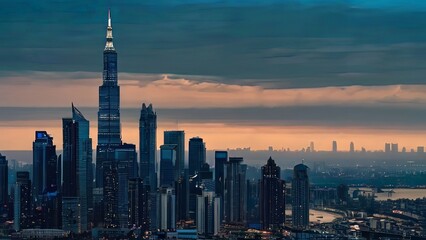 Wall Mural - Aerial view of peaceful cityscape before sunrise. Smart city and abstract dot point connect with gradient line and aesthetic Intricate wave line design , big data connection technology concept .